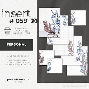 059 / Paquete Floral Azul / Notas Florales en Cuadrícula, Tablero y Notas Adhesivas / Inserto de Planificador Imprimible / PERSONAL / Plan con Abeja / Descarga Instantánea