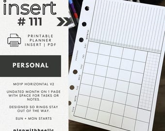 111 | MO1P | Horizontal v2 | Undated | Printable Planner Insert | PERSONAL | Plan With Bee | Instant Download