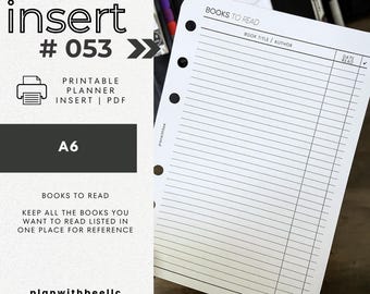 053 | Books To Read Log | Printable Planner Insert | A6 | Plan With Bee | Instant Download