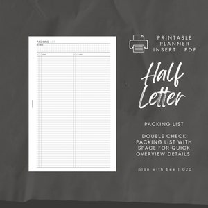 020 / Lista de empaque / Lista de empaque con doble verificación / Inserto de planificador imprimible / MEDIA CARTA / Planificar con abeja / Descarga instantánea