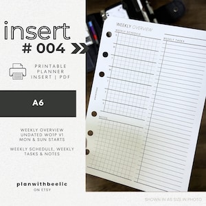 004 | Weekly Overview | Undated WO1P V1 | Mon & Sun Starts | Printable Planner Insert | A6 | Plan With Bee | Instant Download