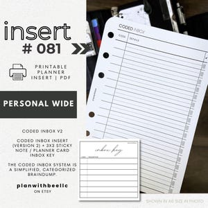 081 | Coded Inbox Version 2 | Coded Inbox Insert + Sticky Note Key | Printable Insert | PERSONAL WIDE | Plan With Bee | Instant Download