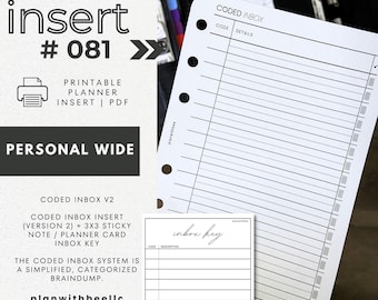 081 | Coded Inbox Version 2 | Coded Inbox Insert + Sticky Note Key | Printable Insert | PERSONAL WIDE | Plan With Bee | Instant Download