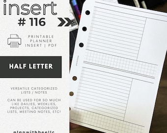 116 | Listes catégorisées polyvalentes, notes, etc. | Encart d'agenda imprimable | DEMI-LETTRE | Planifiez avec Bee | Téléchargement instantané