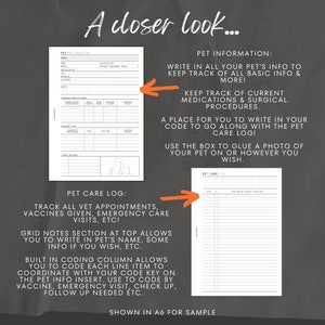 May include: A pet care log and pet information sheet with the text "A closer look..." and "Pet Information". The log includes sections for medications, surgery, and a place for a pet photo. The text describes the log's features.