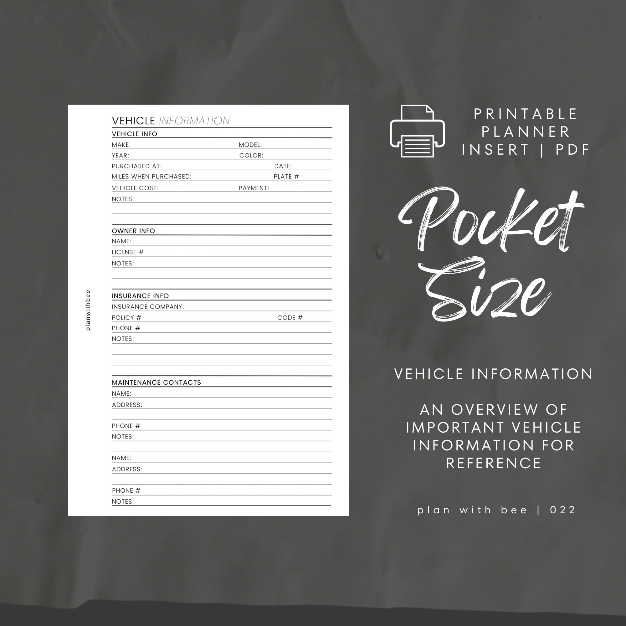 022 | Vehicle Information Overview | Printable Planner Insert | POCKET | Plan With Bee | Instant Download