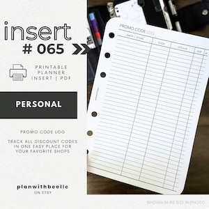 065 | Promo Code Log | Printable Planner Insert | PERSONAL | Plan With Bee | Instant Download