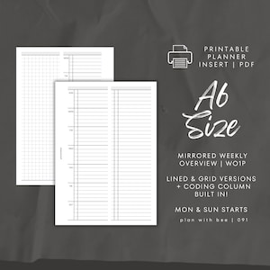 091 | Mirrored Weekly Overview | Undated WO1P | Sun & Mon Starts | Printable Planner Insert | A6 | Plan With Bee | Instant Download