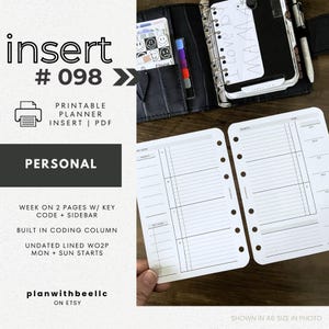 098 | WO2P w/ Key Code | Sidebar | Undated Weekly | Sun & Mon Starts | Printable Planner Insert | PERSONAL | Plan With Bee| Instant Download