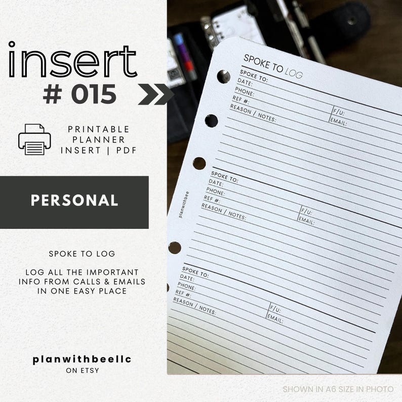 015 | Spoke To Log | Printable Planner Insert | PERSONAL | Plan With Bee | Instant Download image 1