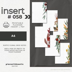 058 / Cuadrícula de notas con motivos florales rústicos / Páginas de cuadrícula con motivos florales / Inserto imprimible para planificador / A6 / Plan con abeja / Descarga instantánea