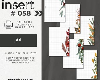 058 | Rustic Floral Grid Notes | Grid Notes Pages With Floral | Printable Planner Insert | A6 | Plan With Bee | Instant Download