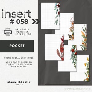 058 / Notas rústicas con cuadrícula floral / Páginas de notas con cuadrícula y flores / Inserto imprimible para planificador / BOLSILLO / Planifica con Bee / Descarga instantánea