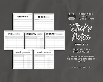 SNB12 | Printable Sticky Notes | Bundle 12 | BOLD | Coded Inbox, Trackers, Plan Key, Ink, Add To Ref|Digital Download PDF File|Plan With Bee