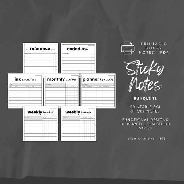 SNB12 | Printable Sticky Notes | Bundle 12 | BOLD | Coded Inbox, Trackers, Plan Key, Ink, Add To Ref|Digital Download PDF File|Plan With Bee