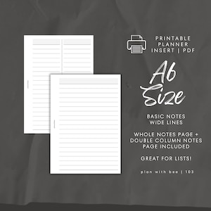 103 / Note di base / Linee larghe / Pagina intera + pagina a doppia colonna / Inserto per pianificatore stampabile / A6 / Pianifica con ape / Download immediato