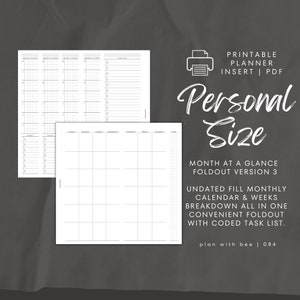 084 | Month At A Glance FOLDOUT v3 | Undated | Monthly + Weekly|Coded|Sun & Mon Starts |Printable| PERSONAL |Plan With Bee|Instant Download