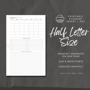 001 | Monthly Snapshot | Undated MO1P V1 | Sun & Mon Starts | Printable Planner Insert | HALF LETTER | Plan With Bee | Instant Download