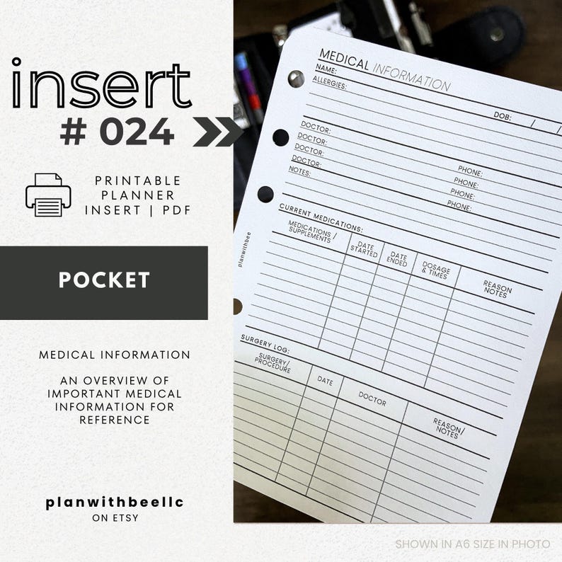 024 | Medical Information Overview | Printable Planner Insert | POCKET ...
