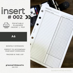 002 | Monthly Extension | Monthly Tracker & Tasks | Printable Planner Insert | A6 | Plan With Bee | Instant Download