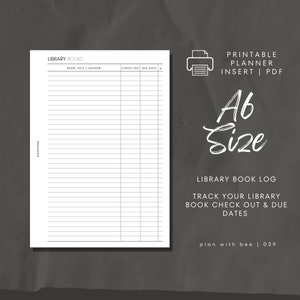 039 | Dziennik książek bibliotecznych | Wypożyczenia i terminy zwrotu | Wkładka do planera do druku | A6 | Planuj z pszczołą | Natychmiastowe pobieranie
