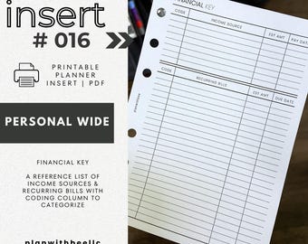 016 | Financial Key | Coded Finances | Recurring Bills & Income | Printable Planner Insert | PERSONAL WIDE |Plan With Bee | Instant Download