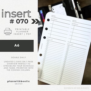 070 | ダブルデイリー | 1ページに2日分 | 2D1P（コーディング欄付き） | 印刷可能なプランナー挿入物 | A6 | Plan With Bee | すぐにダウンロード