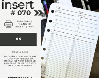 070 | Double Daily | 2 Days On 1 Page | 2D1P w/ Coding Column | Printable Planner Insert | A6 | Plan With Bee | Instant Download