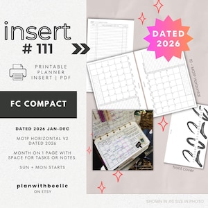 111 | DATED 2026 MO1P Horizontal | Jan-Dec | Sun & Mon Starts | Printable Planner Insert | FCC | Plan With Bee | Instant Download