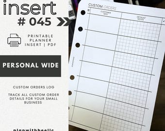 045 | Custom Orders Log | Printable Planner Insert | PERSONAL WIDE | Plan With Bee | Instant Download