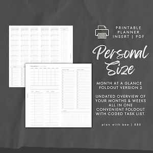 083 | Month At A Glance FOLDOUT v2 | Undated | Monthly + Weekly| Coded |Sun & Mon Starts|Printable| PERSONAL |Plan With Bee|Instant Download