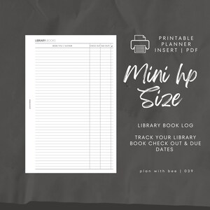 039 | Dziennik książek bibliotecznych | Wypożyczenia i terminy zwrotu | Wkładka do planera do druku | MINI HP | Planuj z pszczołą | Natychmiastowe pobieranie