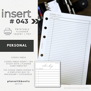 043 | Coded Inbox System | Coded Inbox Insert + Printable Sticky Note Key | Printable Insert | PERSONAL | Plan With Bee | Instant Download