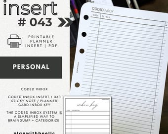 043 | Coded Inbox System | Coded Inbox Insert + Printable Sticky Note Key | Printable Insert | PERSONAL | Plan With Bee | Instant Download