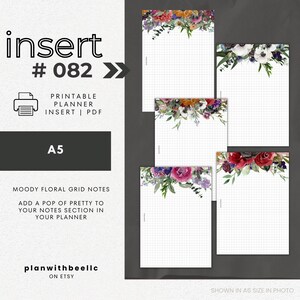 082 | Moody Floral Grid Notes | Grid Notes Pages With Floral | Printable Planner Insert | A5 | Plan With Bee | Instant Download