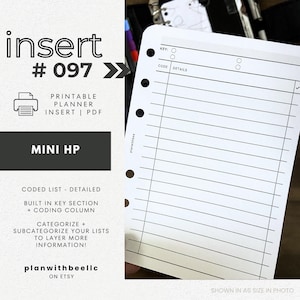 以下が含まれることがあります： 「insert #097」と「Mini HP」のテキストが入った、印刷可能なプランナーインサート。インサートには、キーセクションとコーディング列を含むコード化されたリストが含まれています。デザインは、リストを分類およびサブ分類するためのものです。画像には「planwithbeellc on Etsy」のテキストも含まれています。
