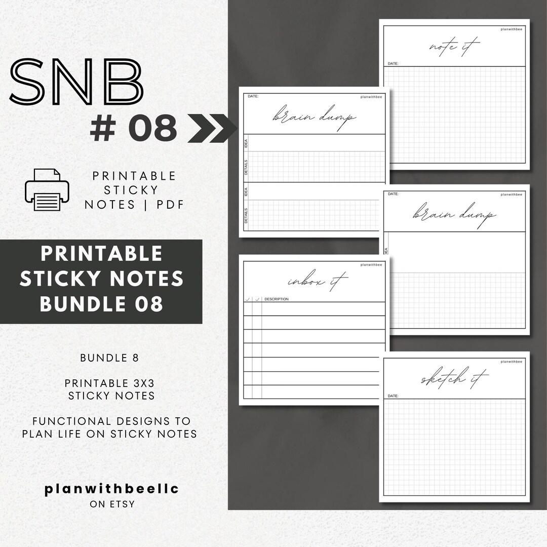 SNB8 | Printable Sticky Notes | Bundle 8 | Notes, Inbox, Brain Dump ...
