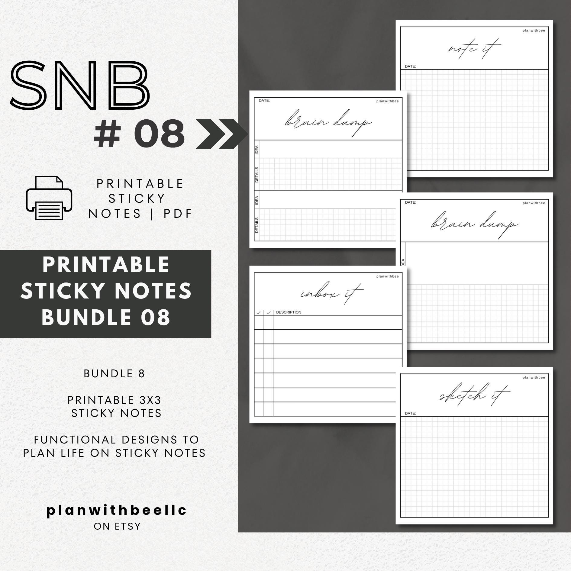 SNB8 | Printable Sticky Notes | Bundle 8 | Notes, Inbox, Brain Dump ...