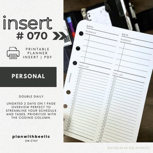 070 | ダブルデイリー | 1ページに2日分 | 2D1P（コーディング欄付き） | 印刷可能なプランナー挿入物 | パーソナル | Plan With Bee | すぐにダウンロード