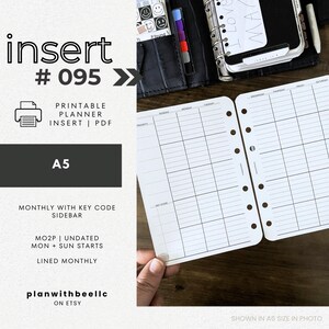 095 | MO2P キーコードサイドバー付き | 日付なし月間プラン | 日曜・月曜始まり | 印刷可能なプランナー挿入物 | A5 | Plan With Bee | すぐにダウンロード