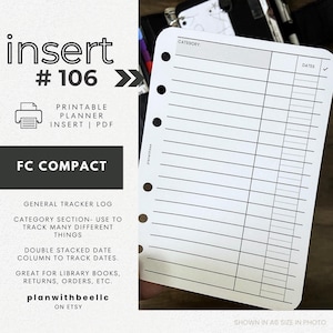 106 / Registro general / Líneas anchas / Registro vertical / Plantilla imprimible para planificador / FCC / Planifica con Bee / Descarga instantánea