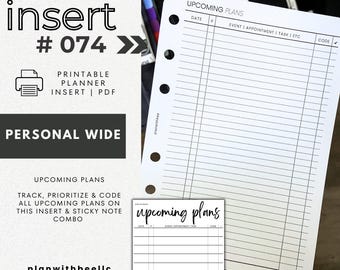 074 | Upcoming Plans Insert & Sticky Note | Printable Insert | Printable Sticky Note | PERSONAL WIDE | Plan With Bee | Instant Download