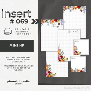 069 | Bold Wildflower Notes Bundle | Grid Notes & Sticky Notes | Printable Planner Insert | MINI HP | Plan With Bee | Instant Download