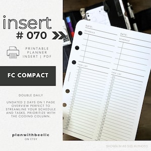 070 | ダブルデイリー | 1ページに2日分 | 2D1P（コーディング欄付き） | 印刷可能なプランナーインサート | FCC | Plan With Bee | すぐにダウンロード