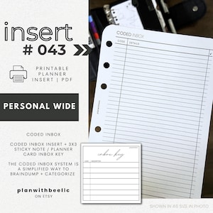 043 | Coded Inbox System | Coded Inbox Insert + Printable Sticky Note Key | Printable | PERSONAL WIDE | Plan With Bee | Instant Download