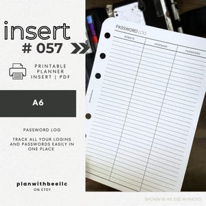 057 / Registro de contraseñas / Planificador imprimible / A6 / Planifica con abeja / Descarga instantánea
