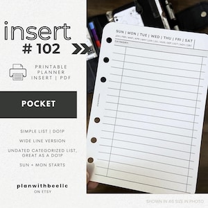 102 | Simple List | DO1P | Wide Lines | Undated | Sun + Mon Starts | Printable Insert | POCKET | Plan With Bee | Instant Download
