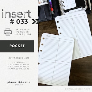 033 | Categorized Lists | Multi Use Lists | Printable Planner Insert | POCKET | Plan With Bee | Instant Download