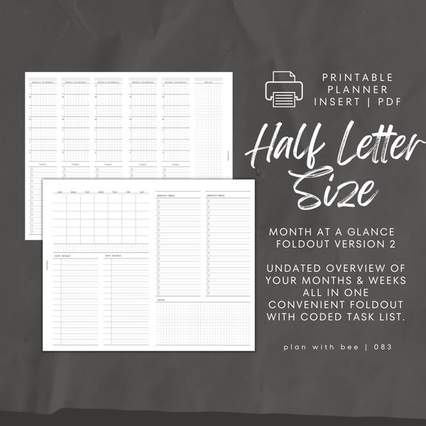 083 | Month At A Glance FOLDOUT v2 | Undated | Monthly +Weekly|Coded|Sun & Mon Starts|Printable| HALF LETTER |Plan With Bee|Instant Download