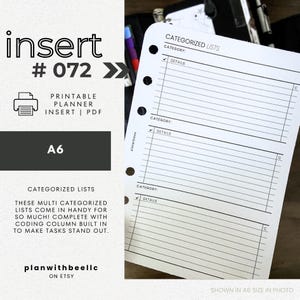 072 | 分類されたマルチリスト | コード付きリスト | 印刷可能なプランナー挿入物 | A6 | Plan With Bee | すぐにダウンロード